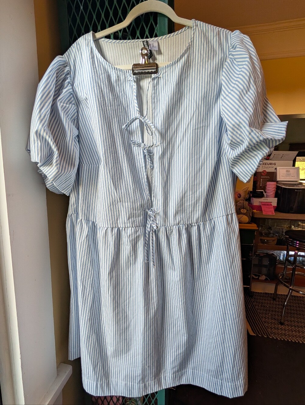 H&M DIVIDED XXL Blue & White Striped Tie Front Dress with Tie Detail